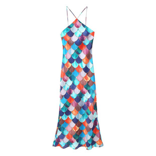 Foreign trade list! Spring and summer new European and American style women's fashion sexy hot girl satin slim print hanging neck dress