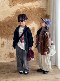 Spring 2025 New Arrival Korean Style Children's Retro Leather Coat for Boys and Girls Motorcycle Fashion Coat Windproof Jacket Fashionable Style