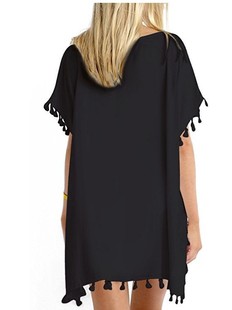 Amazon summer women's foreign trade round neck chiffon tassel dress plus size loose beach blouse manufacturers in stock