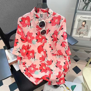 Floral Shirt Women's Retro Hong Kong Style New Flower Design Sense Performance Style Printed Short Sleeve Shirt Women's Top