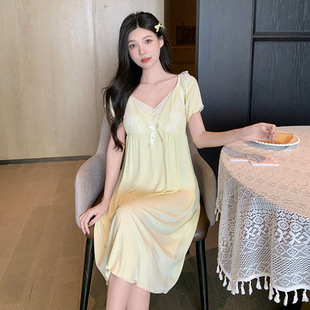 Modal Nightdress Women's Summer Short-sleeved Lace with Chest Pad Summer Loose Sexy Pajamas Women's Thin Midi Dress
