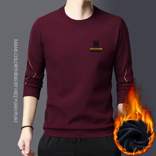 Autumn and Winter fleece-lined Men's Long-sleeved Round Neck T-shirt plus size Loose Middle-aged and Young Casual T-shirt Base Shirt High-grade Top