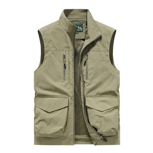 Spring and Autumn Men's Vest Multi-Pocket Outdoor Quick-Drying Casual Photography Fishing Vest for Middle-aged and Elderly with Vertical Collar Dad Jacket