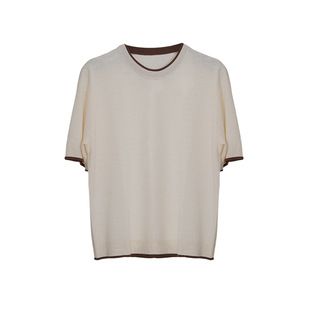Ya Qi acid vinegar cotton contrast edge round neck knitted short sleeve women's 2025 summer thin elegant fashion pullover base shirt