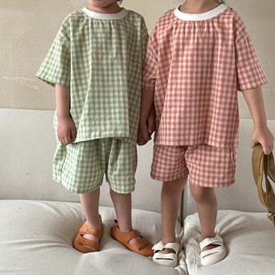 Children's pajamas summer Plaid girls' pure cotton baby home wear summer Boys' short-sleeved shorts two-piece suit