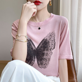 2025 summer women's new sweater ice silk short sleeve women's water printed hot drilling butterfly vest women's wholesale generation