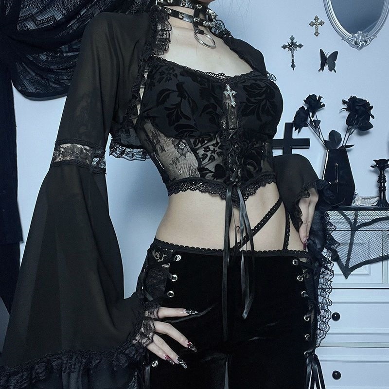 Gothic Style Dark Lace Blouse with Flared Cape, Medieval Layered Long-Sleeve Thin Cardigan for Women, Lolita Style
