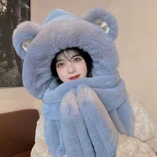 Double-layer 2024 Thickened Warm Scarf One-piece Hooded Scarf Winter Gloves Three-piece Super Thick Hat for Women in Winter