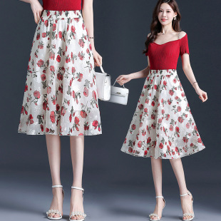 Chiffon Skirt Women's Summer Mid-Length 2024 New Embroidered Versatile High-Waist Slim Floral Skirt A-Line Large Hem Skirt