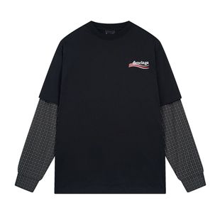 Paris B Classic Coke Wave Embroidery Stitching Shirt Sleeve Fake Two-piece Loose Crewneck T-shirt for Men and Women