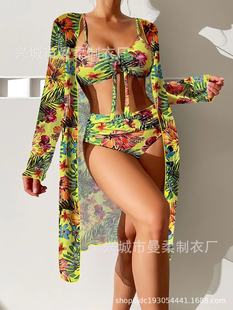 New Cross-border Foreign Trade Sexy Bikini Mesh Long-sleeved Three-piece Set Amazon Push-up Split Printed Swimsuit for Women