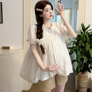 Pregnant Women 2025 Summer Top New Korean Fashion Pregnant Mother V-neck Lace Embroidered Chanel Style Doll Shirt suit