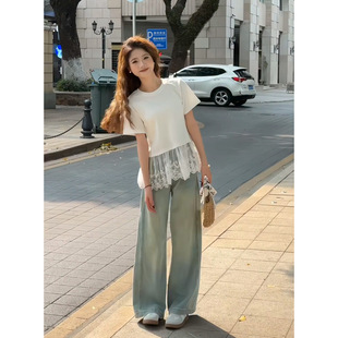 Yifantai French Splicing Lace Skirt Short-Sleeved T-Shirt Elegant Slim Ballet Style Bottoming Short-Sleeved Right Shoulder T-Shirt for Women