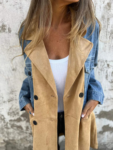 2024 autumn and winter new cross-border European and American fashion foreign trade suit collar Denim stitching long coat women S4755