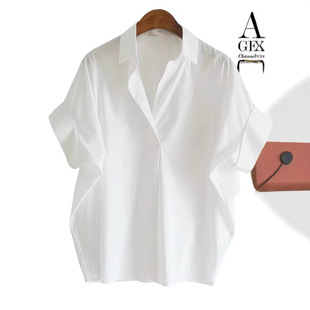 2025 Summer New Korean Style Short-sleeved Cotton Top White Loose Dolman Sleeve Collar Shirt Women's Shirt