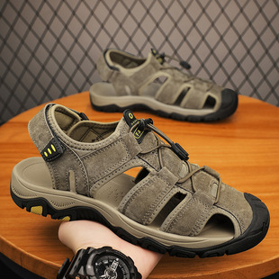 Closed toe sandals men's summer hollow breathable versatile men's sports beach shoes genuine leather non-slip plus size outdoor shoes men