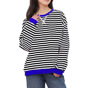 2024 New Striped Crewneck Fashionable Spring Simple Home Cross-border Casual Long-sleeved Pullover Color-matching T-shirt