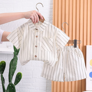 Boys' summer Korean style western style children's new vertical stripe shirt short sleeve shorts suit trendy style two-piece straight hair set