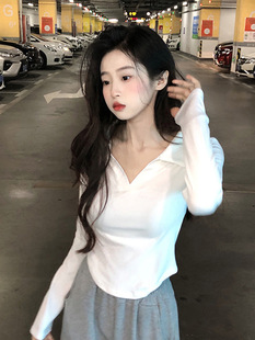 Sweet Sexy Spring & Fall New Design Polo Collar Cotton Long-Sleeved T-Shirt High-End Pure Color Slim Short Top for Women