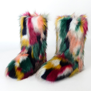 Autumn and Winter fleece-lined fur integrated mid-calf fur boots Women's faux fox fur snow boots European and American Foreign trade Wholesale