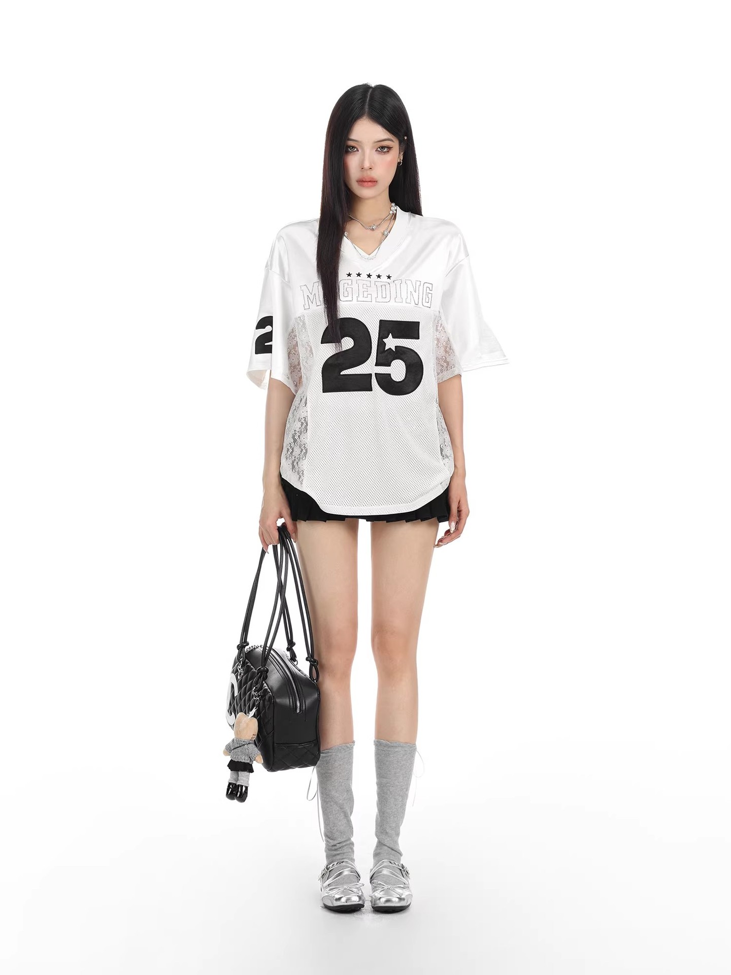 Cross-Border American Hip-Hop Embroidered Patchwork Satin V-Neck Short-Sleeve T-Shirt for Women and Men, Summer Sports Style Jersey Top, Casual