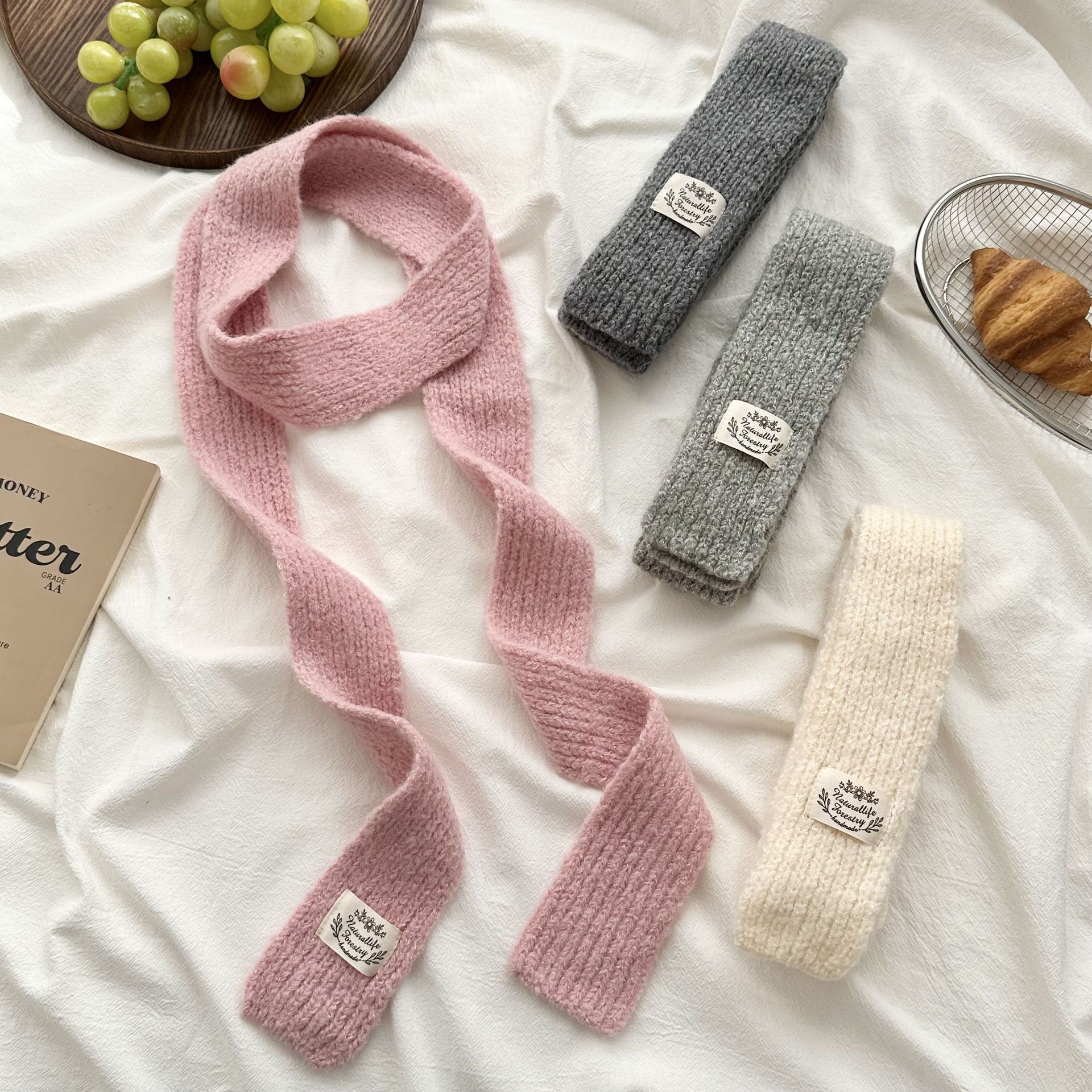 Scarf Winter New Colorful Thin Narrow Wool-Containing Small Strip Scarf Fashionable Pure Color Warm Knitted Wool Scarf
