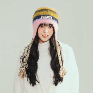 Maillard Color Woolen Hat for Women in Autumn and Winter Retro Fashion Stripesd Knitted Hat Cute Braids Ear Protection Pullover Cold Hat