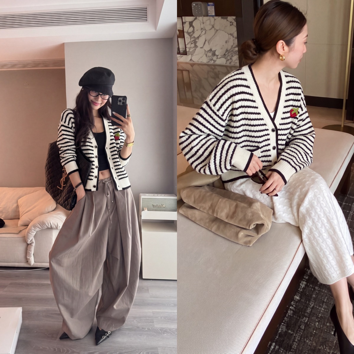 【Featured】Yuran 26 New Early Autumn Wool Blend Hand-Crocheted Strawberry Embroidery Contrast Color Striped Knit Cardigan