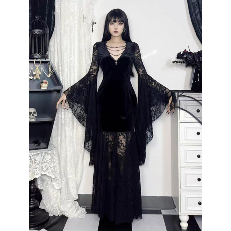 Halloween Costume Gothic Style Bat Sleeve Dress Witch Cos Women's Long Skirt Lace Skirt