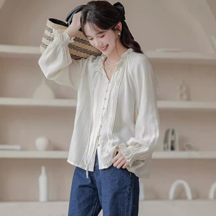 2024 Early Autumn New French Style Elegant Pleated Design Lace-up Bow Horn Sleeve Long Sleeve Pullover Shirt for Women