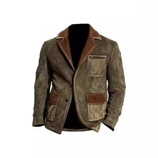 Amazon Independent Men's Retro Suede Multi-Pocket Color-block Collar Outdoor Jacket 6789