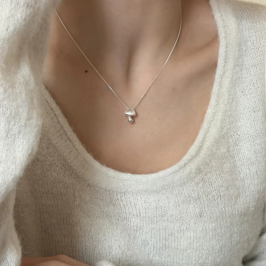 925 Silver Frosted Mushroom Necklace for Women 2026 New Sweater Chain Autumn and Winter Light Luxury Accessories Women's Pure Silver Sweater Chain