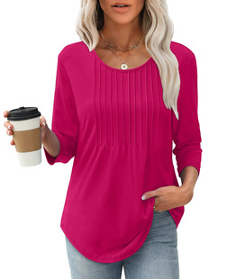 2025 Amazon Autumn New Women's Long Sleeve Top Fashion Casual Pleated Low Round Neck Cross-border Women's T-shirt
