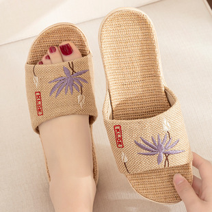 Linen Slippers Women's Summer Men's and Women's Couple's Home Embroidered Non-slip Soft Bottom Indoor Household Cotton and Linen Floor Slippers