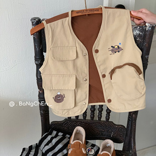 Children's Vest Bangcheng 2024 Winter New Korean Style Large Pocket Outer Wear Boys Retro Stacked Outer Wear G0561