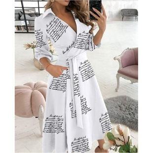 2021EBAY AliExpress WISH popular spring and summer fashion long sleeve V-neck printed sheath dress women's clothing