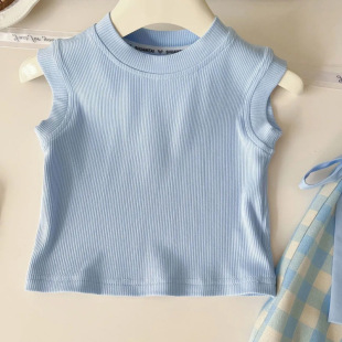 Girls Summer Sleeveless Two-Piece Set 2025 New Thin Style Girl Sports Kidsren's Vest Suit Plaid Pants
