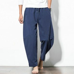 Spring and Summer Chinese Style Cotton and Linen Casual Pants Men's Loose Wide Leg Hallen Pants Fashionable plus size Bloomers Men's Linen Trousers