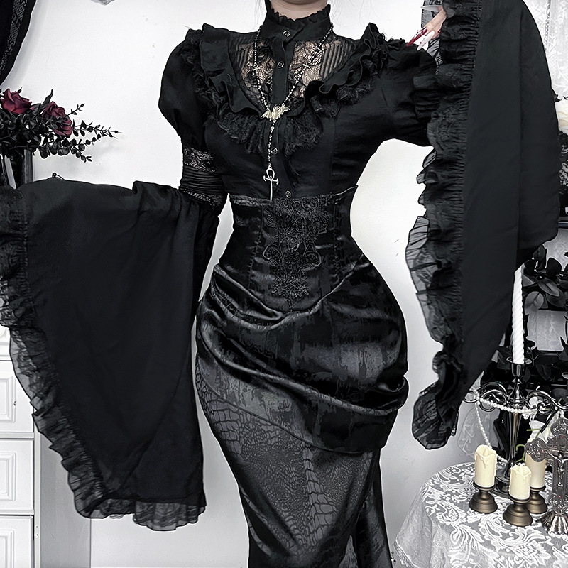 Cf25356 Spring New Lolita Style Shirt with Princess Sleeves, Versatile Dark Slim-Fit Bell-Sleeve Top for Subcultures