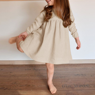 Crewneck Mori Doll Dress Cute Spring and Summer New Solid Color Children's Dress Ramie Cotton Long Sleeve dress Girl Baby