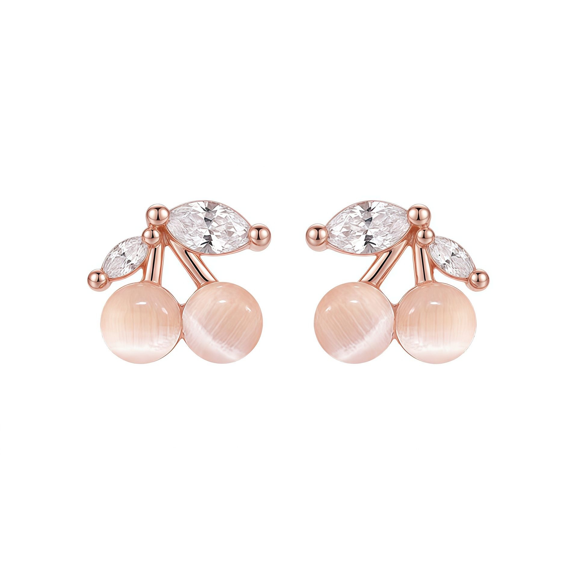Girly Pink Cherry Cat-Eye Zircon Earrings, Gentle and Delicate, Fresh and Sweet, Mini Cherry Student Earrings