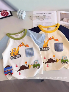 Japanese Boy's Excavator Short-sleeved T-shirt 2025 Summer New Arrival Men's Cute Cartoon Color Contrast Casual Top