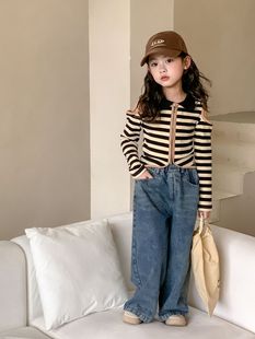 Children's Wear 2024 Spring Girl Retro Hot Girl Style Striped POLO Collar Cardigan Long-Sleeved Short Jacket