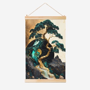 Golden Dolphin Dance Art Scroll Poster Factory Wholesale High Definition Solid Wood Scroll Hanging Painting Cross-border E-commerce Hitch