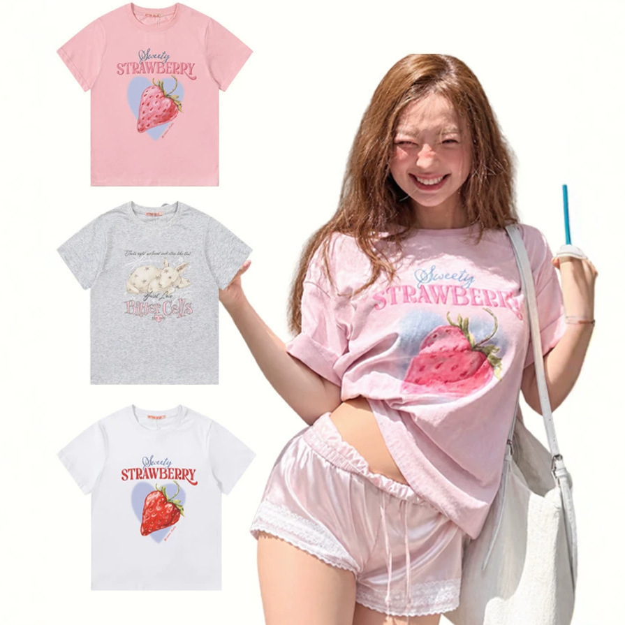 Korean 2026 Summer New Bittercells Loose Strawberry Print Short-Sleeve T-Shirt - Unique Design Top