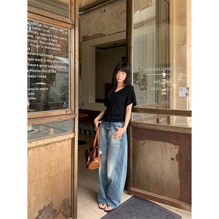Yuyi New 2025 Summer Split Tie-Dye Design Jeans Women's Loose Retro Wide-Leg Pants Women Hc1261