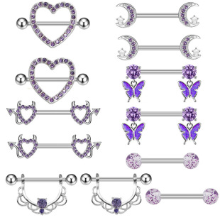 Gatte European and American Cross-border Purple Series Beautiful Heart-shaped Puncture Breast Ring Thoracic Ring Purple Zircon Breast Ring suit