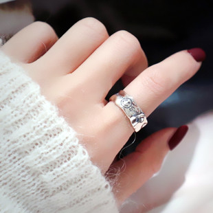 Fashion Personality Retro Smiley Face Ring Women's Korean Style Design Irregular Bump English Letter Finger Ring Opening Jewelry