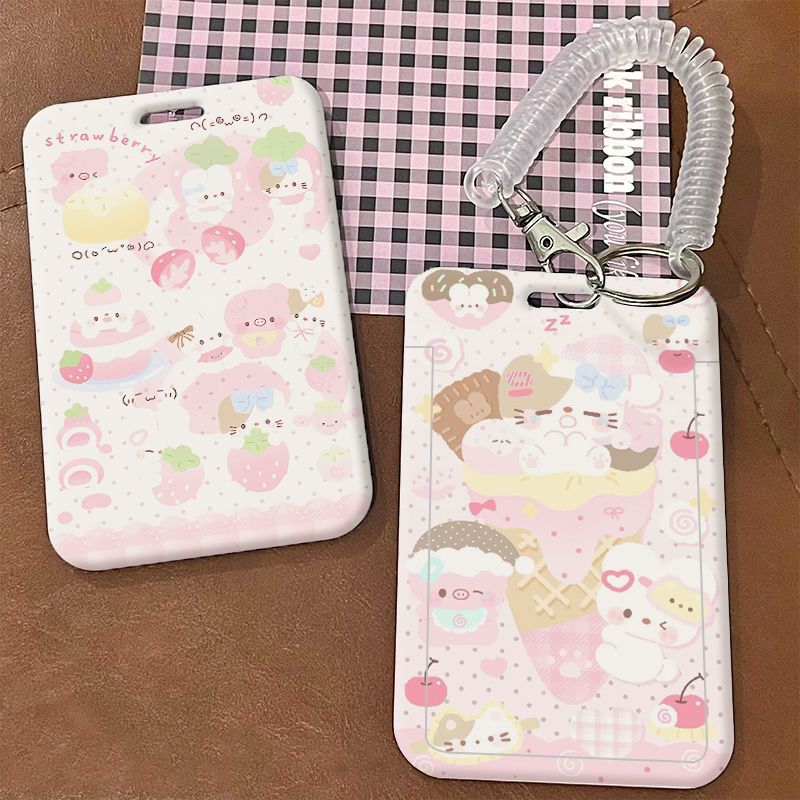 Cute Ice Cream Kitten Card Holder Student Sliding Cover Meal Card Bus Card Water Card Access Card Campus Card Protective Cover