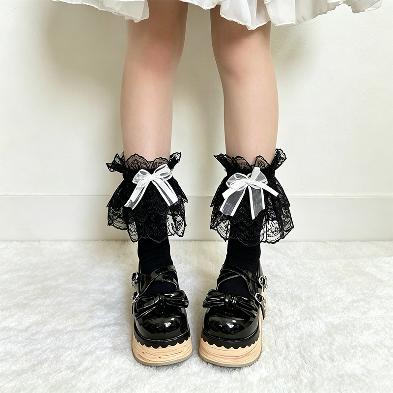 Original Japanese-Style Lace Bow Lolita Socks, Sweet Lace Girl Lolita Mid-Calf Socks, Over-The-Knee Socks